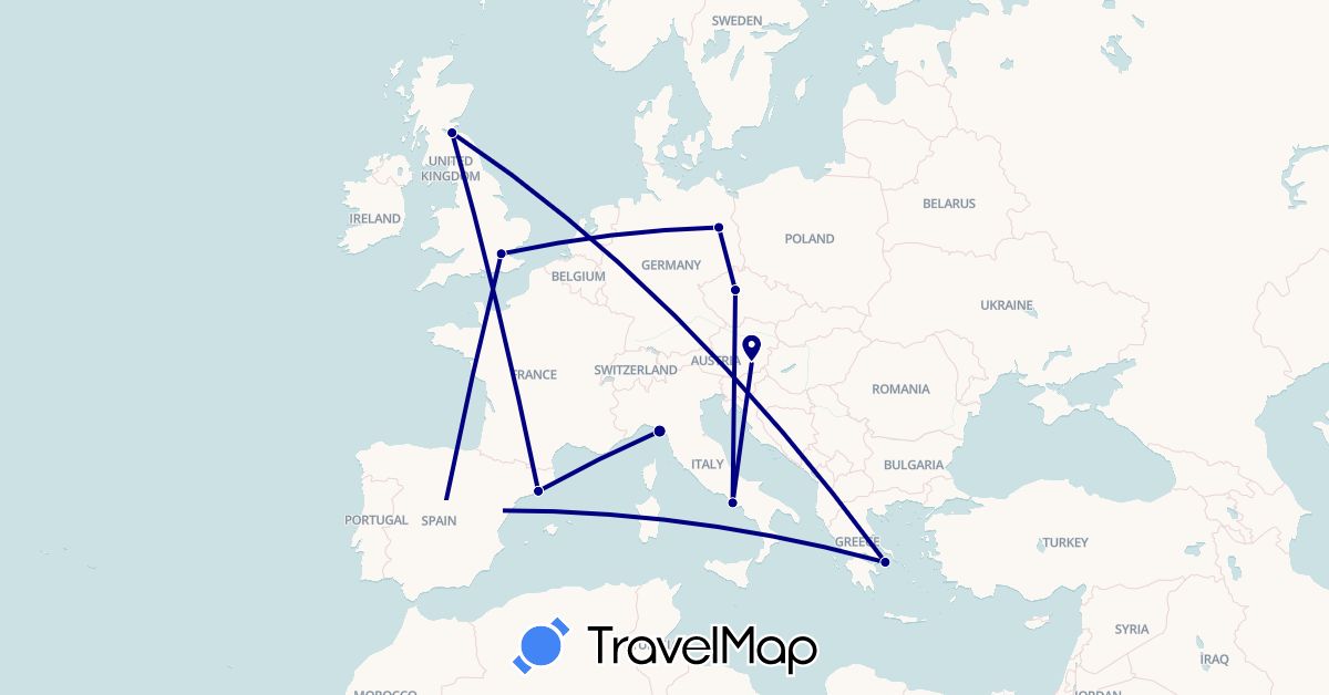 TravelMap itinerary: driving in Austria, Czech Republic, Germany, Spain, United Kingdom, Greece, Italy (Europe)